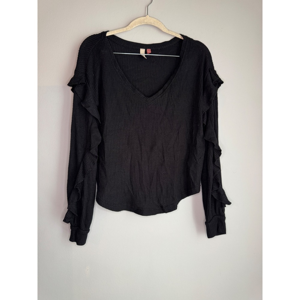 Pilcro Black Waffle Knit Ruffle Sleeve V-Neck Top XS
